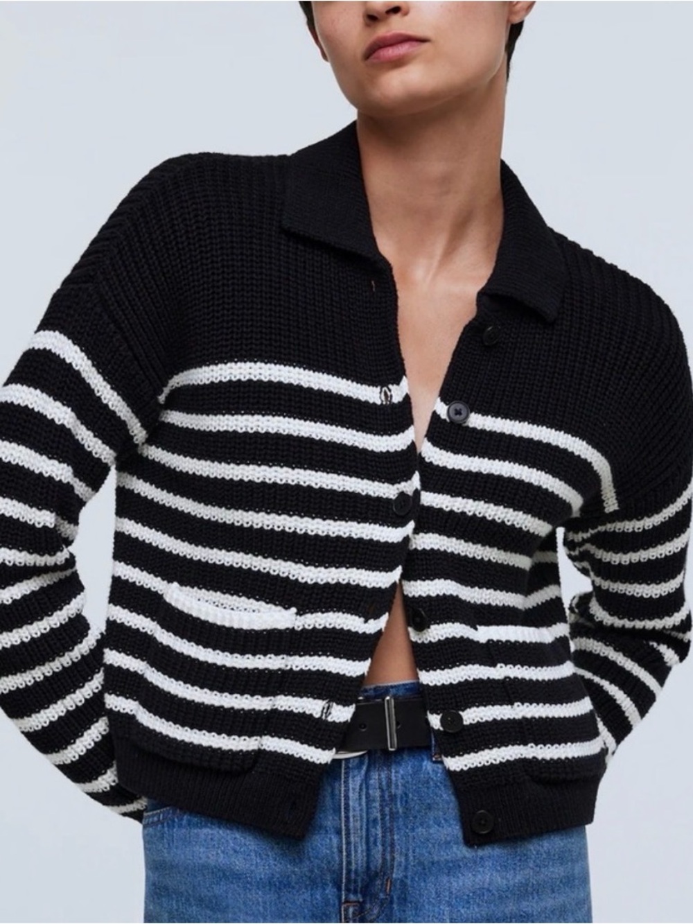 Madewell | Ribbed Polo Cardigan Sweater, Cotton, Striped, Preppy